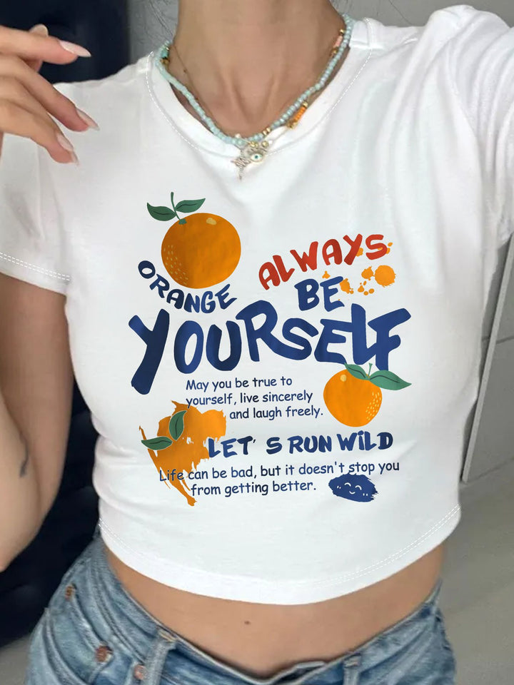 Damen Crop-T-Shirt mit inspirierendem Schriftzug und fröhlichem Obstmotiv Drune