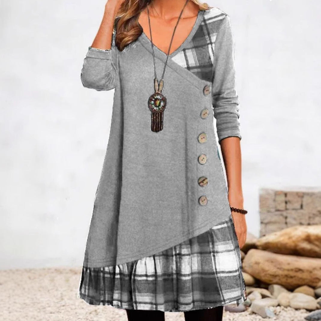 Damen nan asymmetrisches V-Ausschnitt-Tunika-Kleid mit Zierknopfleiste und Animalprint-Besatz Drune