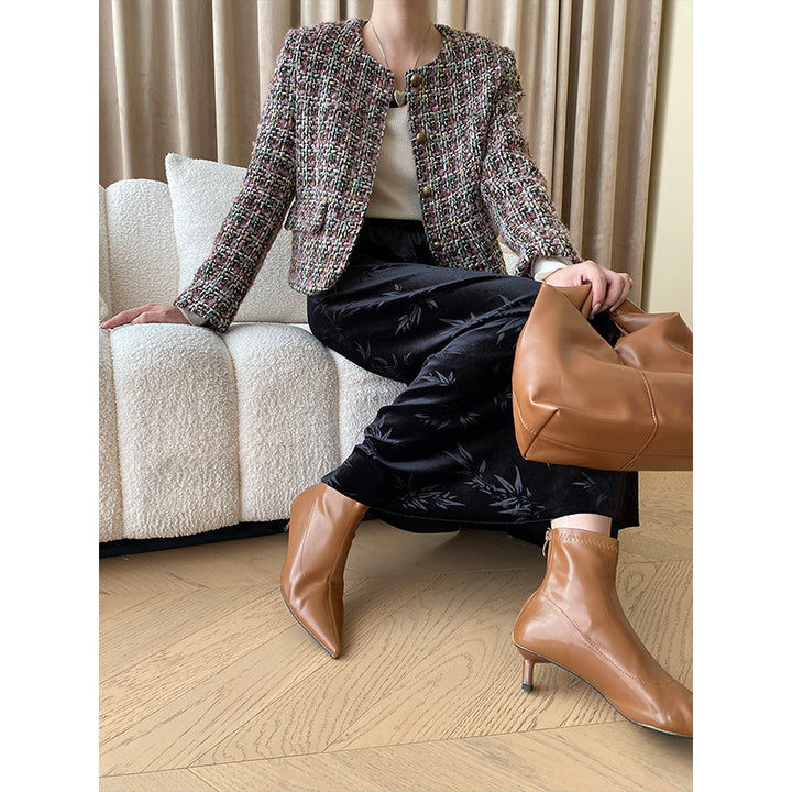 Damen eleganter Boucle-Jacke mit strukturiertem Stoff und Symbolknöpfen Drune