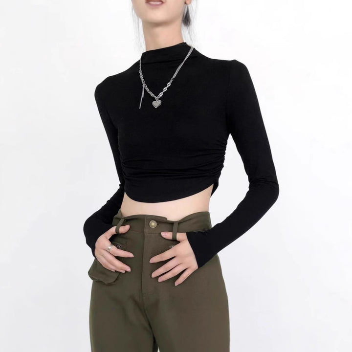 Damen Figurnahes Langarm-Cropped-Top mit Stehkragen, seitlicher Raffung und verlängerten Ärmeln Drune
