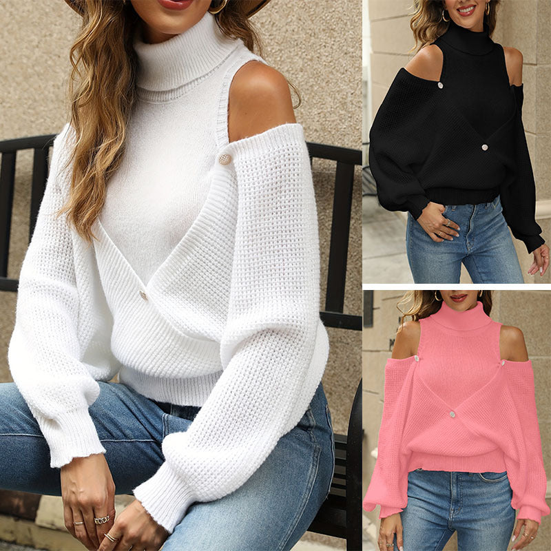 Damen lässiger Pullover mit offener Schulter und elegantem Stehkragen Drune