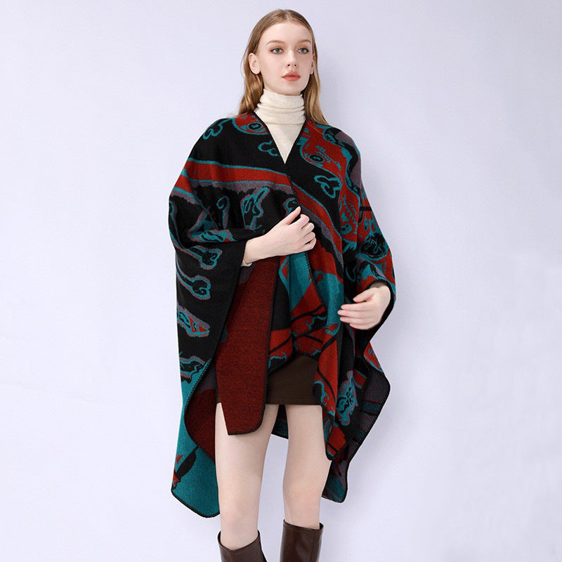 Damen Jacquard-Überwurfponcho mit musikalischem Ornament und Rollkante Drune