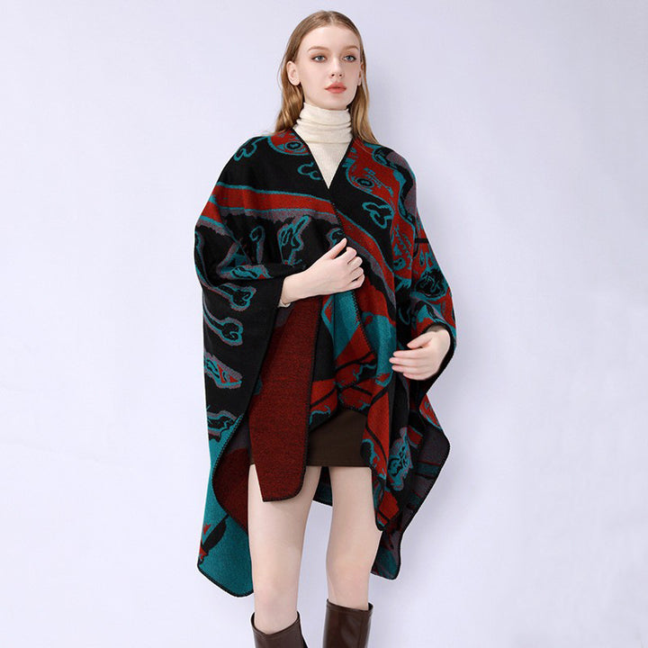 Damen Jacquard-Überwurfponcho mit musikalischem Ornament und Rollkante Drune