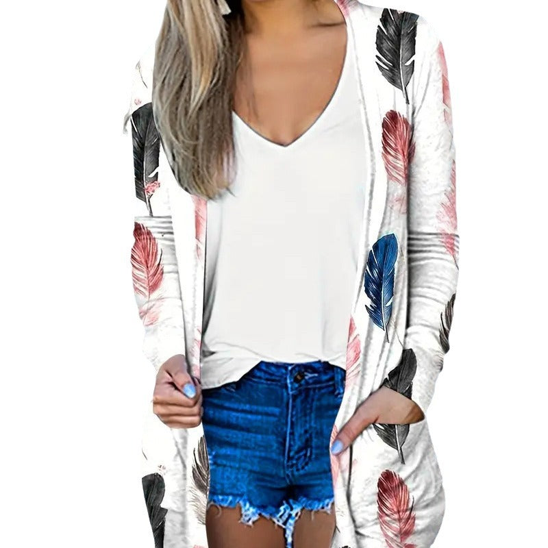 Damen Langer Cardigan mit floralem Muster und praktischen Taschen Drune