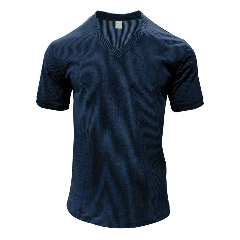 Herren nan strukturiertes V-Ausschnitt-Rippjersey-Shirt mit kurzem Arm und körpernaher Passform Drune