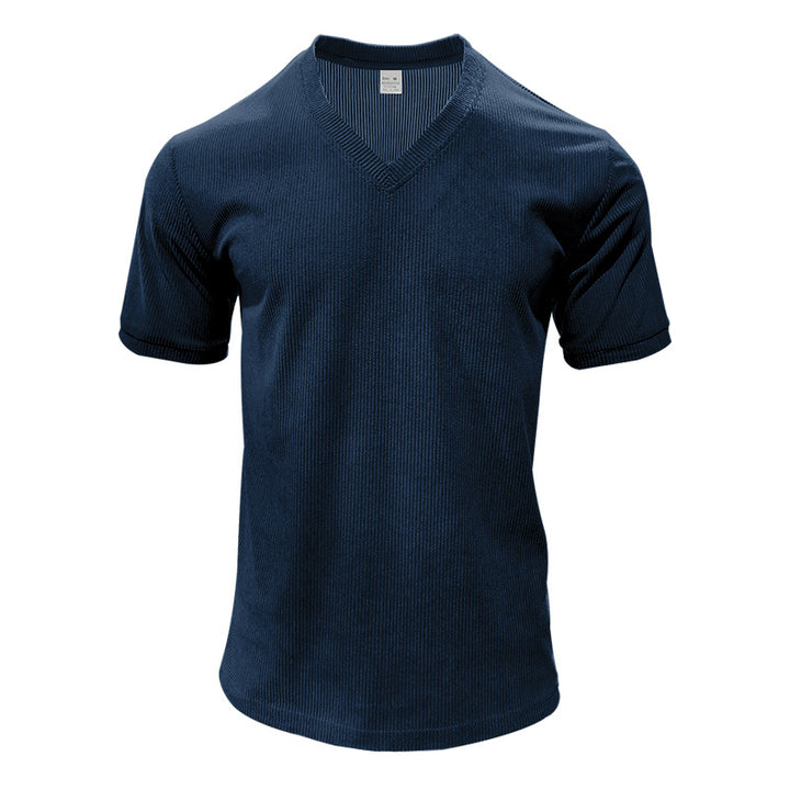 Herren nan strukturiertes V-Ausschnitt-Rippjersey-Shirt mit kurzem Arm und körpernaher Passform Drune
