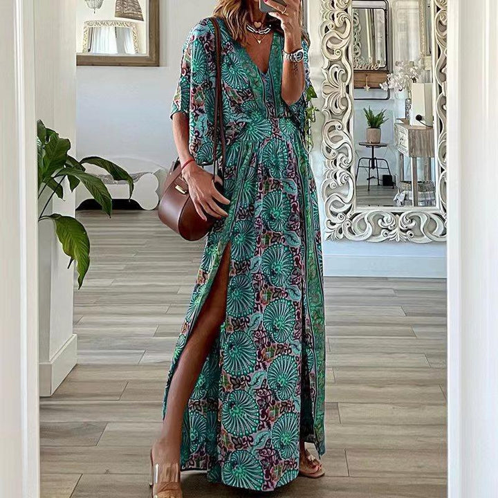 Damen Maxikleid im Boho-Stil mit Wickeleffekt, V-Ausschnitt und hohem Beinschlitz Drune
