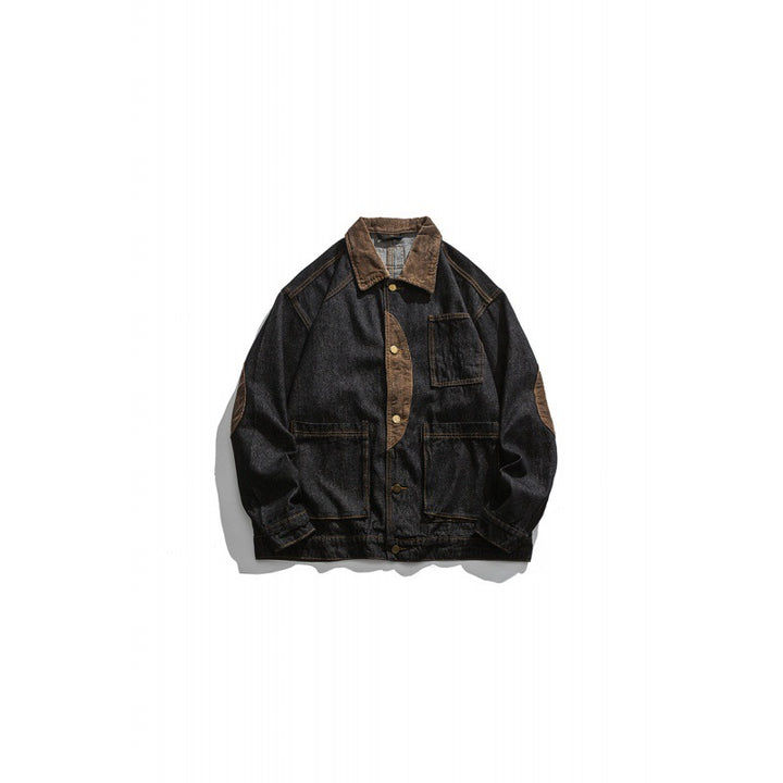 Herren Boxy Denim-Workerjacke mit Cordkragen, Pattentaschen und Ellbogenpatches Drune