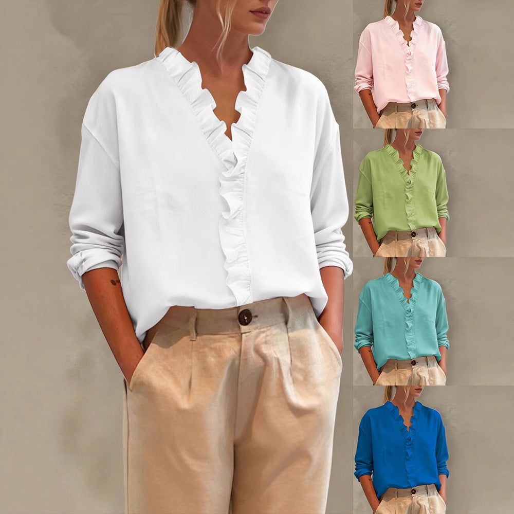 Damen Elegante V-Ausschnitt Bluse mit Volantbesatz und lockerem Oversize-Schnitt Drune