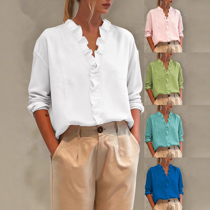 Damen Elegante V-Ausschnitt Bluse mit Volantbesatz und lockerem Oversize-Schnitt Drune