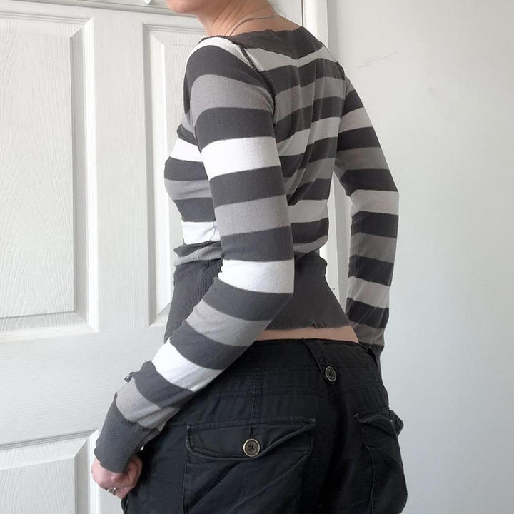 Damen Taillierter Feinstrick-Pullover mit breiten Blockstreifen und V-Ausschnitt Drune