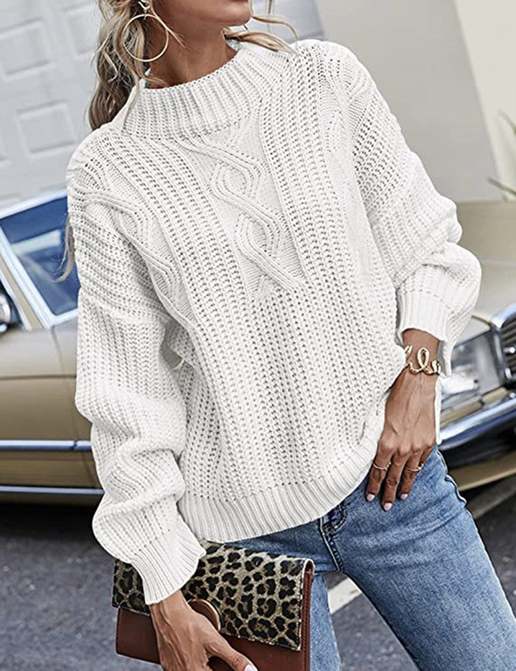 Damen Grobstrickpullover mit Zopfdesign und hohem Stehkragen Drune
