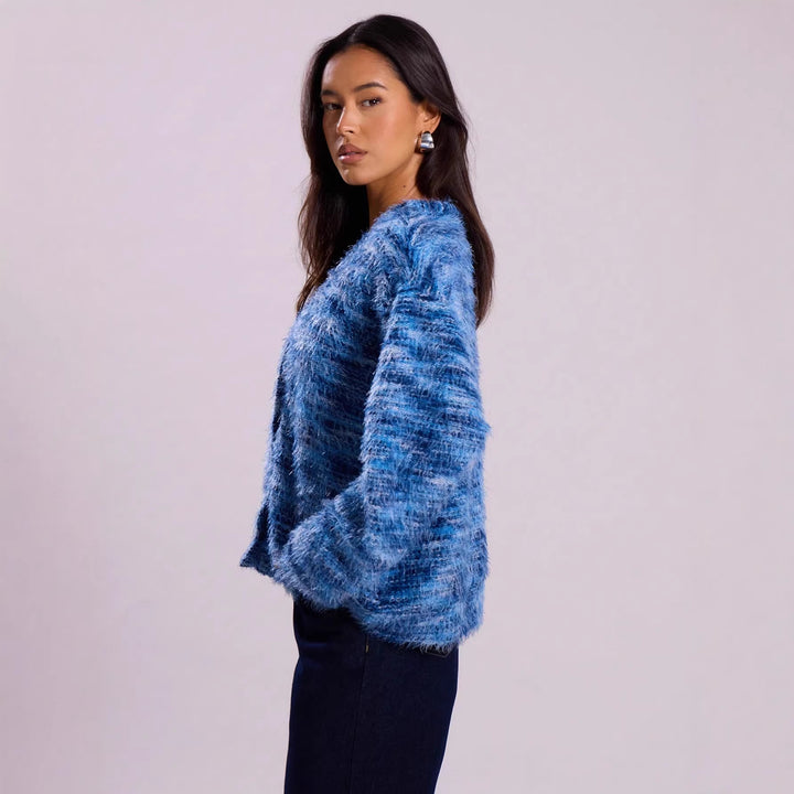 Damen Oversize-Flauschpullover mit weitem Carmen‑Ausschnitt und melierter Strickstruktur Drune