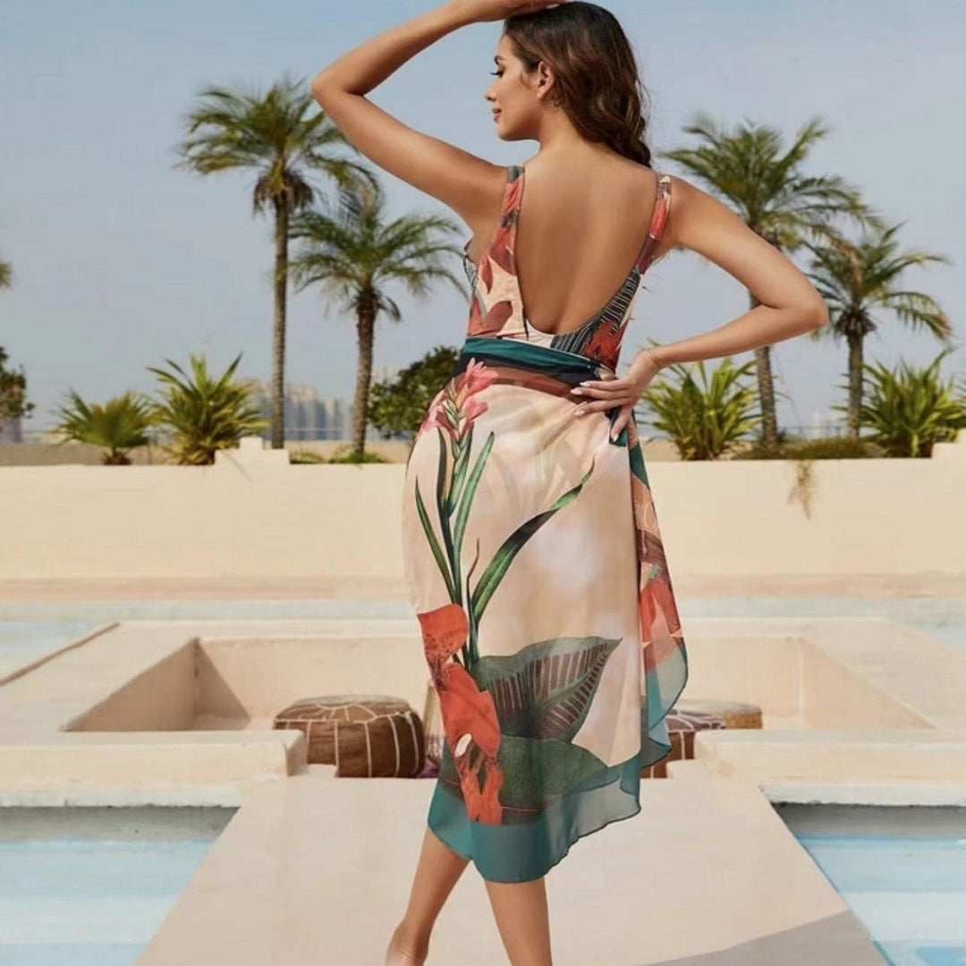 Damen Eleganter Wickel-Badeanzug mit floralen Designs und passendem Überrock Drune