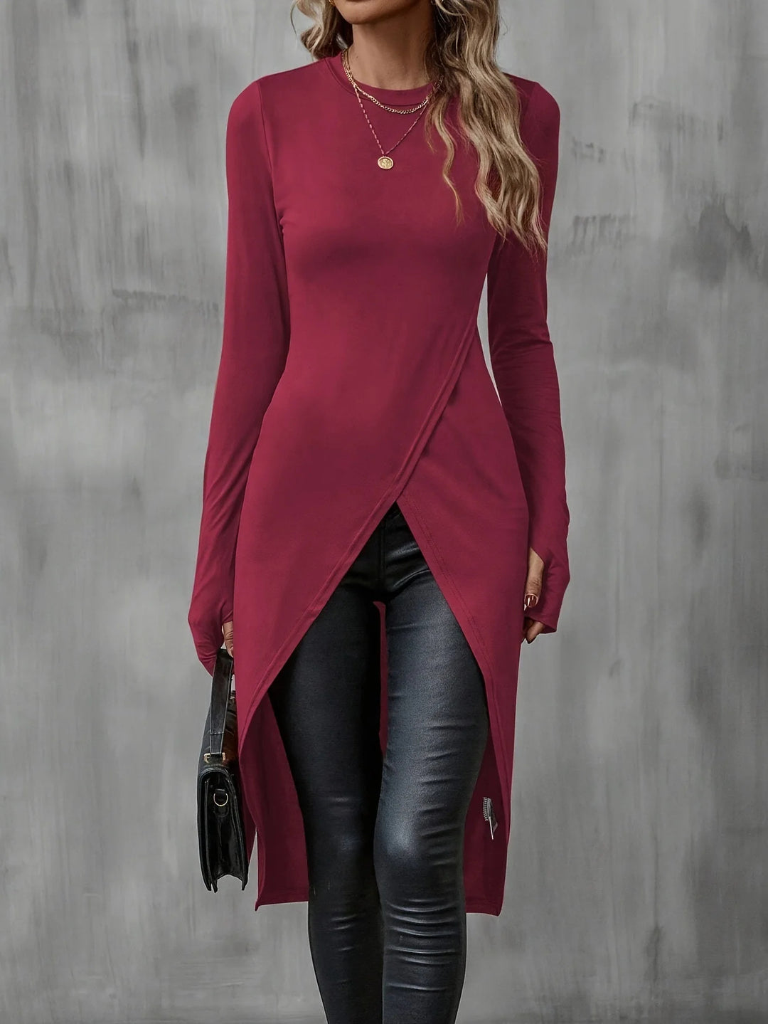 Damen Langes asymmetrisches Wickel-Tunika-Top mit Frontschlitz Drune