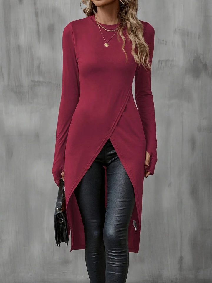 Damen Langes asymmetrisches Wickel-Tunika-Top mit Frontschlitz Drune