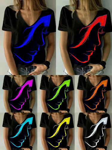 Damen V-Ausschnitt T-Shirt mit kreativem Grafikdruck Drune