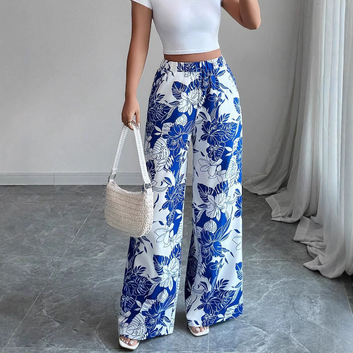 Damen Hochtaillierte Palazzohose mit floralem Design und seitlichen Taschen Drune