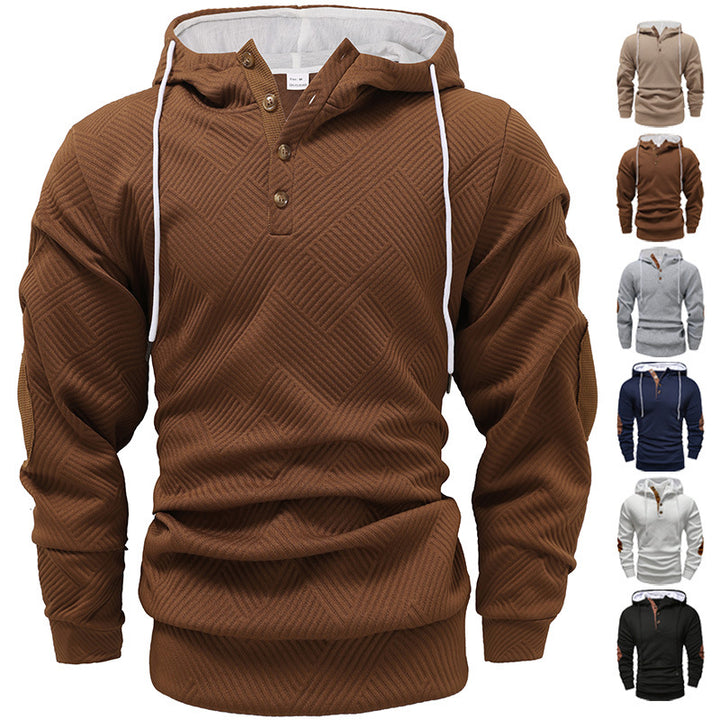 Herren nan strukturierter Kapuzenpullover im Henley-Stil mit Kontrastbesatz und Ellenbogenaufnähern Drune
