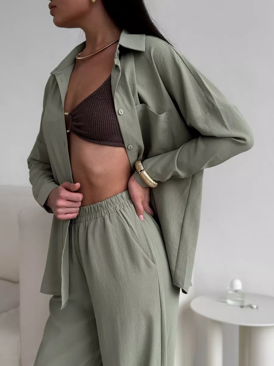 Damen Zweiteiliges Lounge-Set Oversize-Bluse mit Brusttasche und weiter Palazzo-Hose Drune
