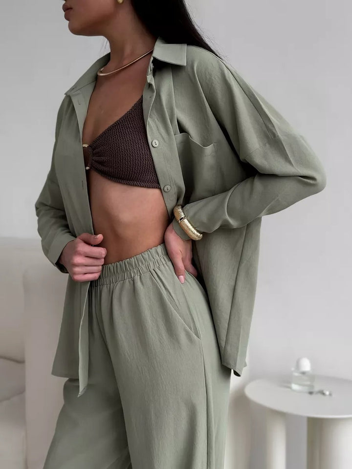 Damen Zweiteiliges Lounge-Set Oversize-Bluse mit Brusttasche und weiter Palazzo-Hose Drune
