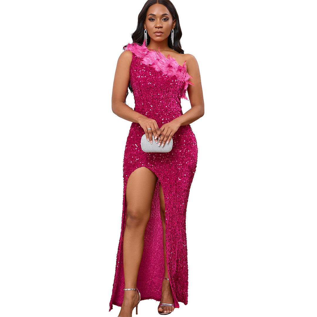 Damen Glitzerndes Abendkleid mit asymmetrischen Trägern und Pailletten Drune