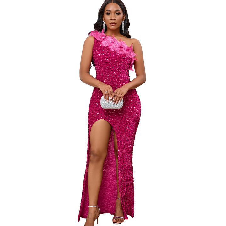 Damen Glitzerndes Abendkleid mit asymmetrischen Trägern und Pailletten Drune