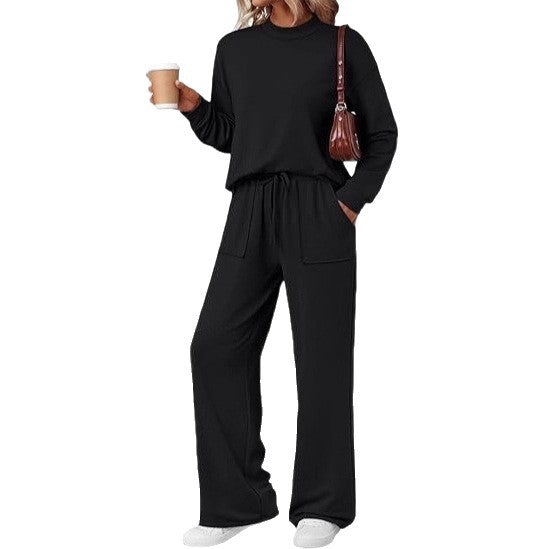 Damen Loungewear-Zweiteiler aus weichem Jersey mit Rundhalsausschnitt und weitem Kordelzug-Hose Drune