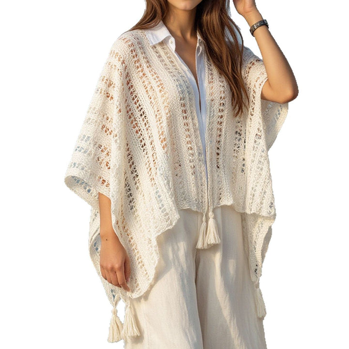 Damen luftiger Strickponcho mit Fransen Drune