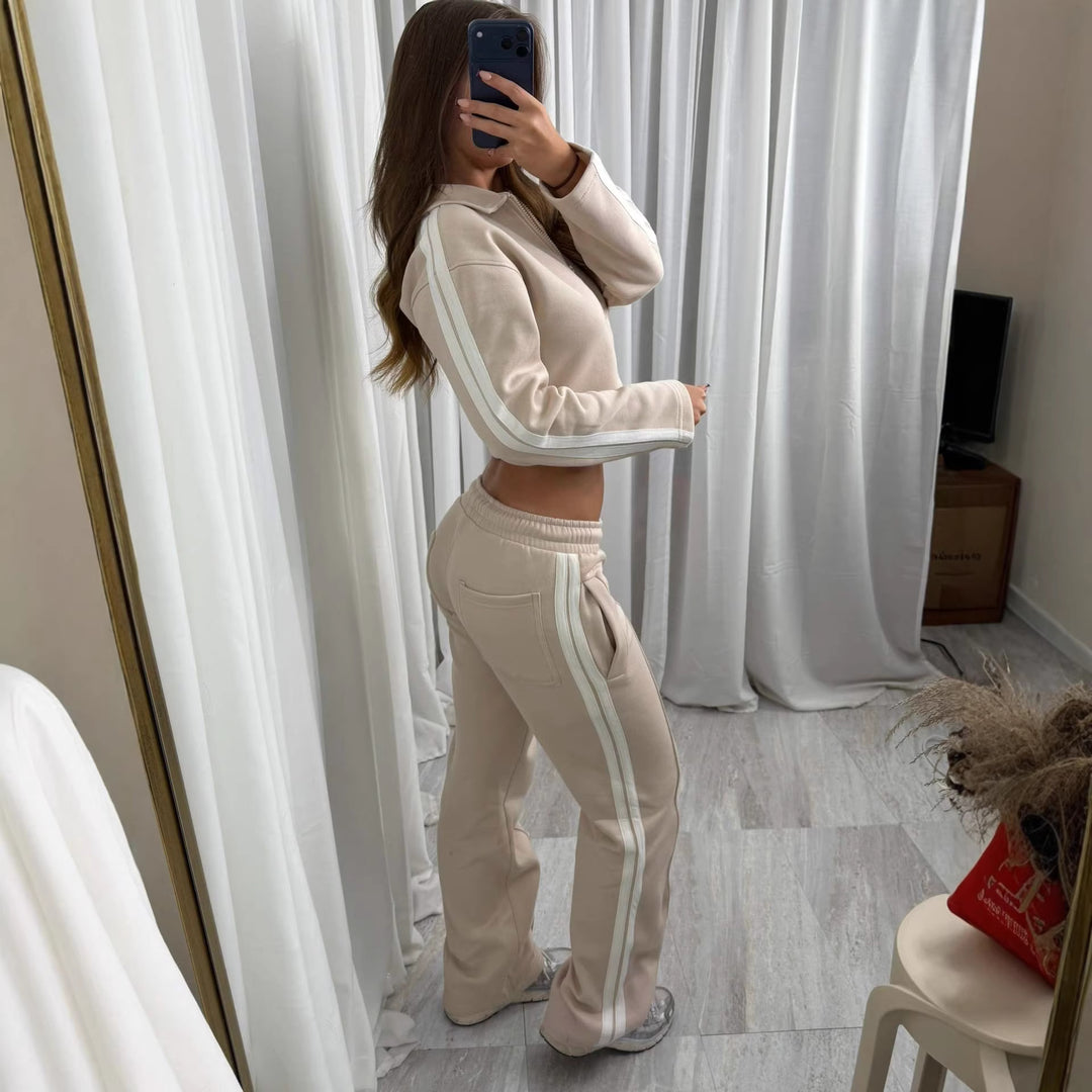 Damen lässiges Sportanzug-Set mit Reißverschluss und gestreiften Details Drune