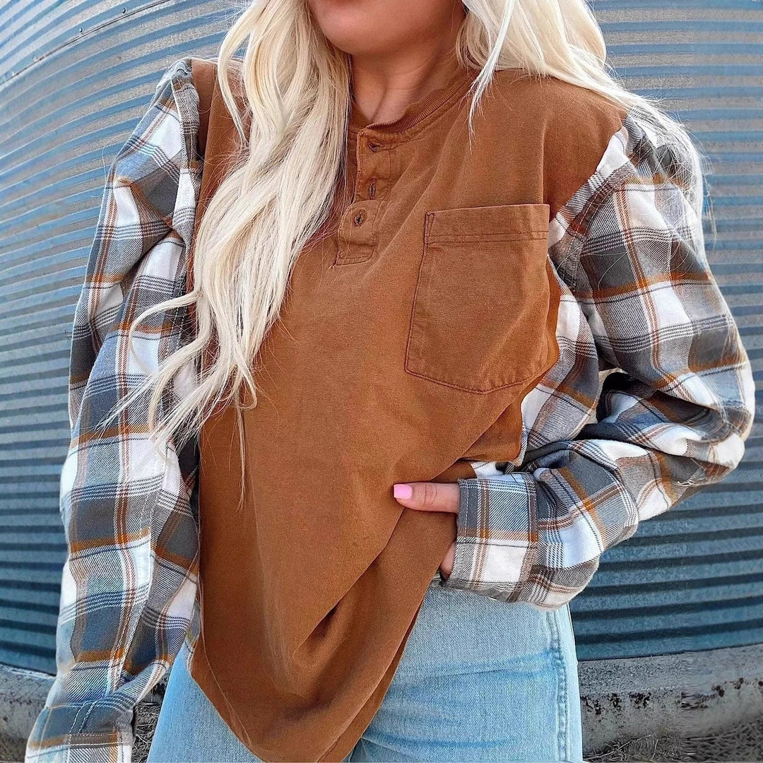 Damen nan weiter Henleypullover im Lagenlook mit karierten Ärmeln und Brusttasche Drune