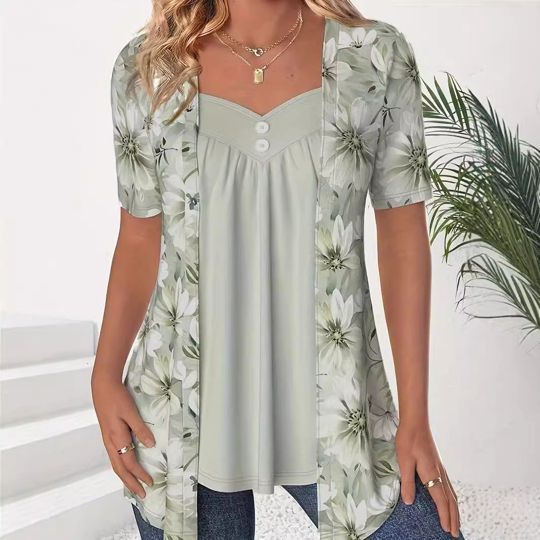 Drune | Tops Lockere Passform Herzausschnitt Floral Print Lagenlook