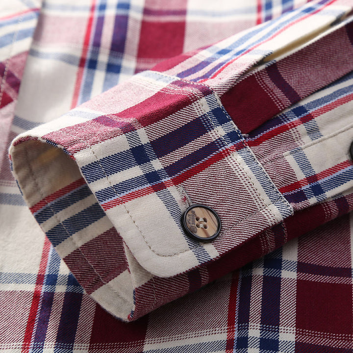Herren Karierte Baumwoll-Flanell-Hemdjacke mit Brustpattentaschen und Hemdkragen Drune