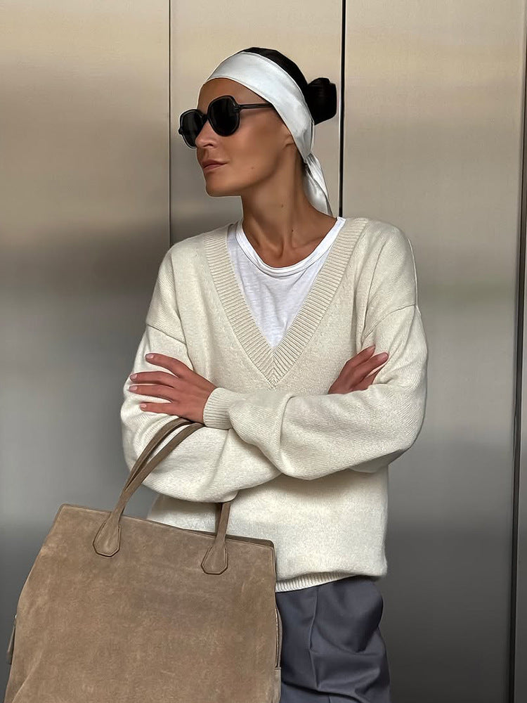Damen Oversize V-Ausschnitt Pullover aus Kaschmir-Mix mit geripptem Saum Drune