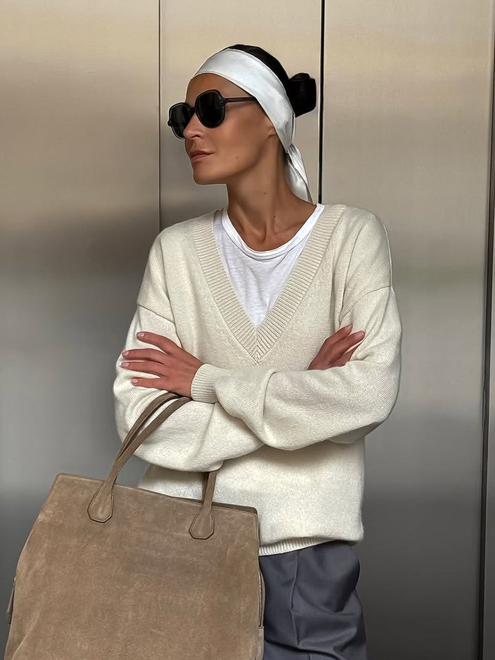Damen Oversize V-Ausschnitt Pullover aus Kaschmir-Mix mit geripptem Saum Drune