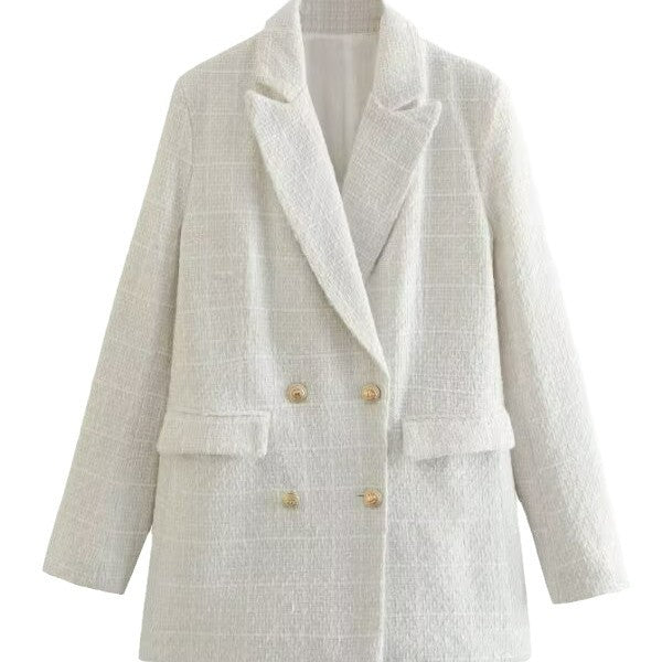 Damen Doppelreihiger Bouclé‑Tweed‑Blazer mit Schalkragen und Pattentaschen Drune