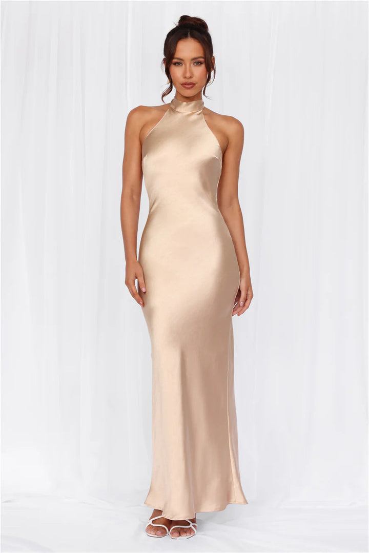 Damen Elegantes Satin-Maxikleid mit hohem Kragen und körpernahem Schnitt Drune