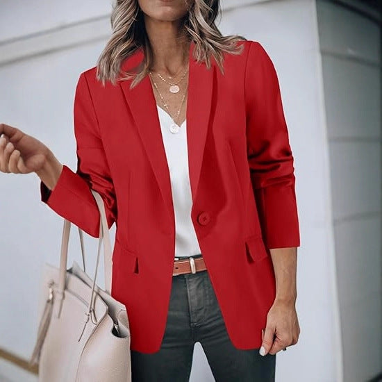 Damen Leichter Stretch-Blazer mit Schalkragen, Ein-Knopf-Verschluss und dreiviertelärmeln Drune