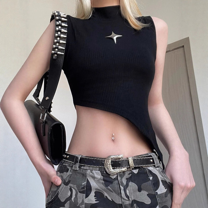 Damen modernes asymmetrisches Oberteil mit elegantem Stehkragen und metallischen Akzenten Drune