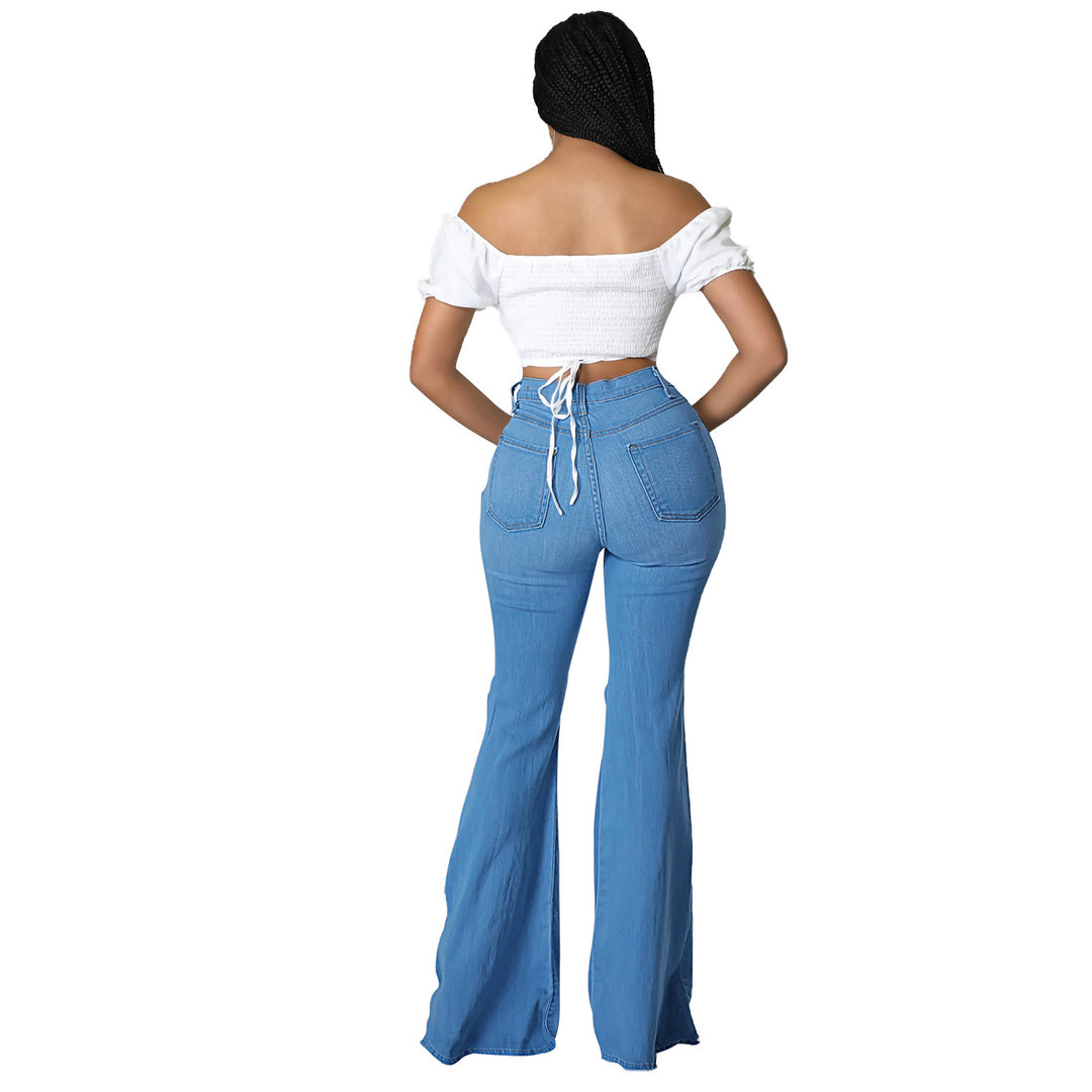 Damen Hochtaillierte Schlaghose aus Stretch‑Denim mit Knieausrissen und formendem Bund Drune