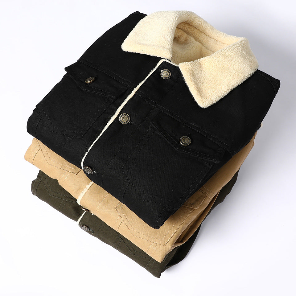 Herren Gefütterte Sherpa‑Truckerjacke mit Kunstfellkragen und Pattentaschen Drune