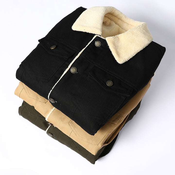 Herren Gefütterte Sherpa‑Truckerjacke mit Kunstfellkragen und Pattentaschen Drune