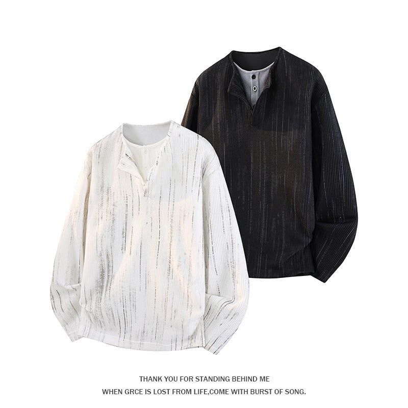 Herren Oversize Strickpullover mit Henley-Ausschnitt und feiner Strukturstreifen Drune