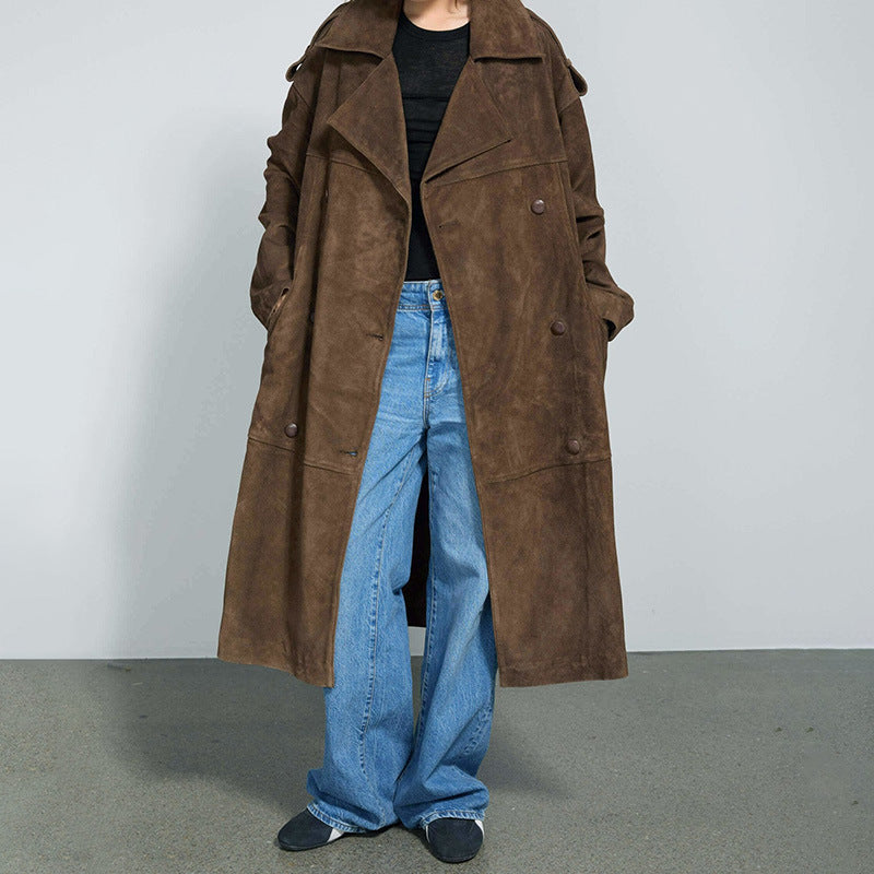 Damen Eleganter Suede-Trenchcoat mit großzügigem Schnitt Drune