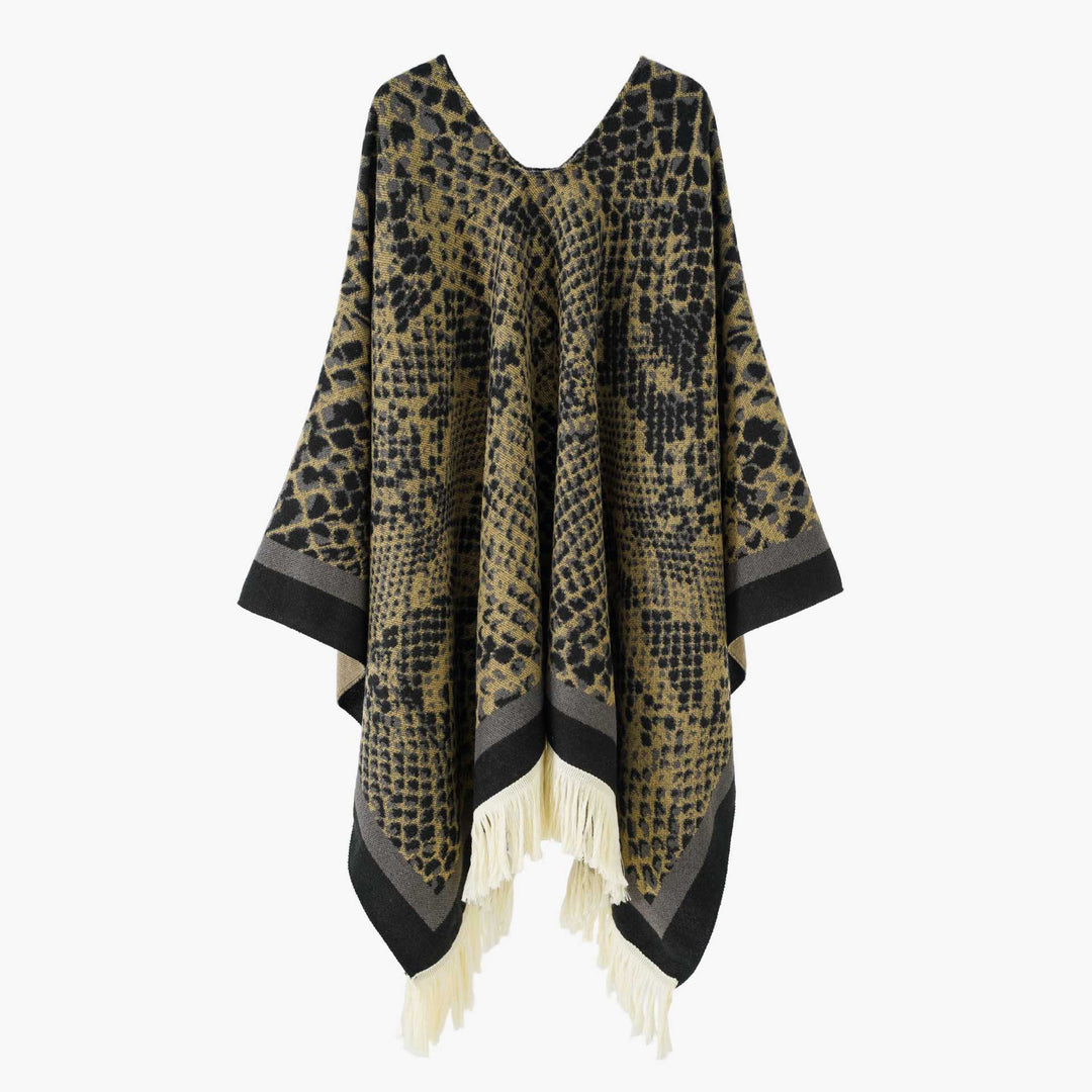 Damen Jacquard-Knitcape mit Leoparden‑Print, V‑Ausschnitt und Fransensaum Drune