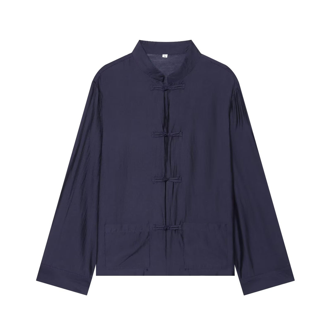 Damen Asiatisch-inspirierte Übergangsjacke mit Stehkragen, Knotenverschlüssen und aufgesetzten Taschen Drune