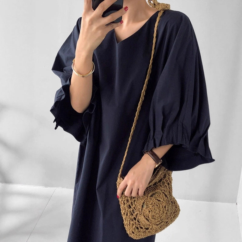 Damen Oversized V-Ausschnitt Baumwollkleid mit Volantärmeln Drune