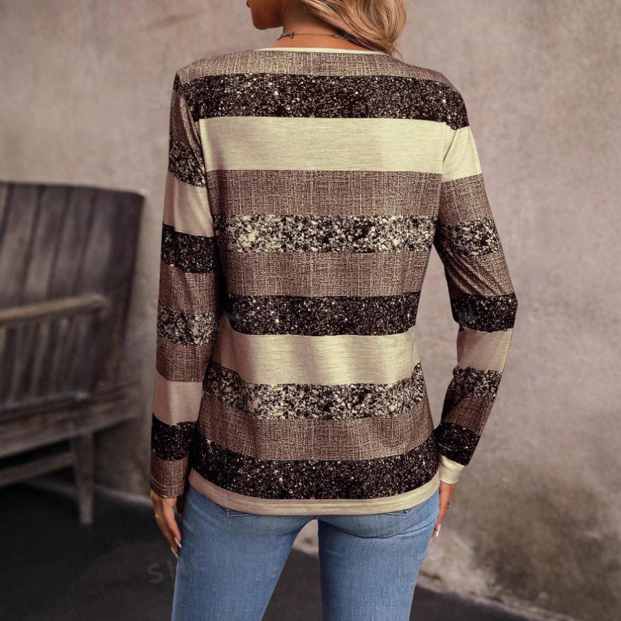 Damen Langarmshirt mit V-Ausschnitt, strukturierter Streifenoptik und Zierknopfleiste Drune