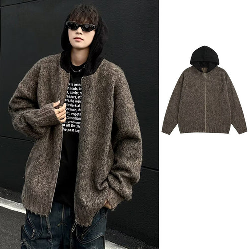 Herren Modischer Grobstrick Pullover mit Kapuze Drune