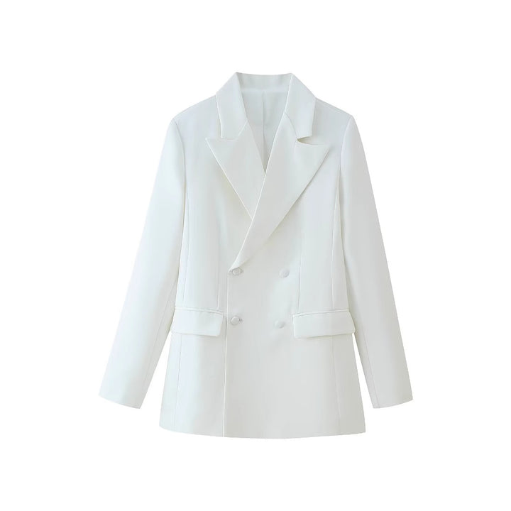 Damen 50+ taillierter Doppelreiher‑Longblazer mit oversized Revers und Pattentaschen Drune